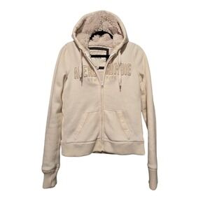 Vintage 90s Y2K Abercrombie Fitch NY Hoodie Womens LG Ivory Sherpa Patch Logo